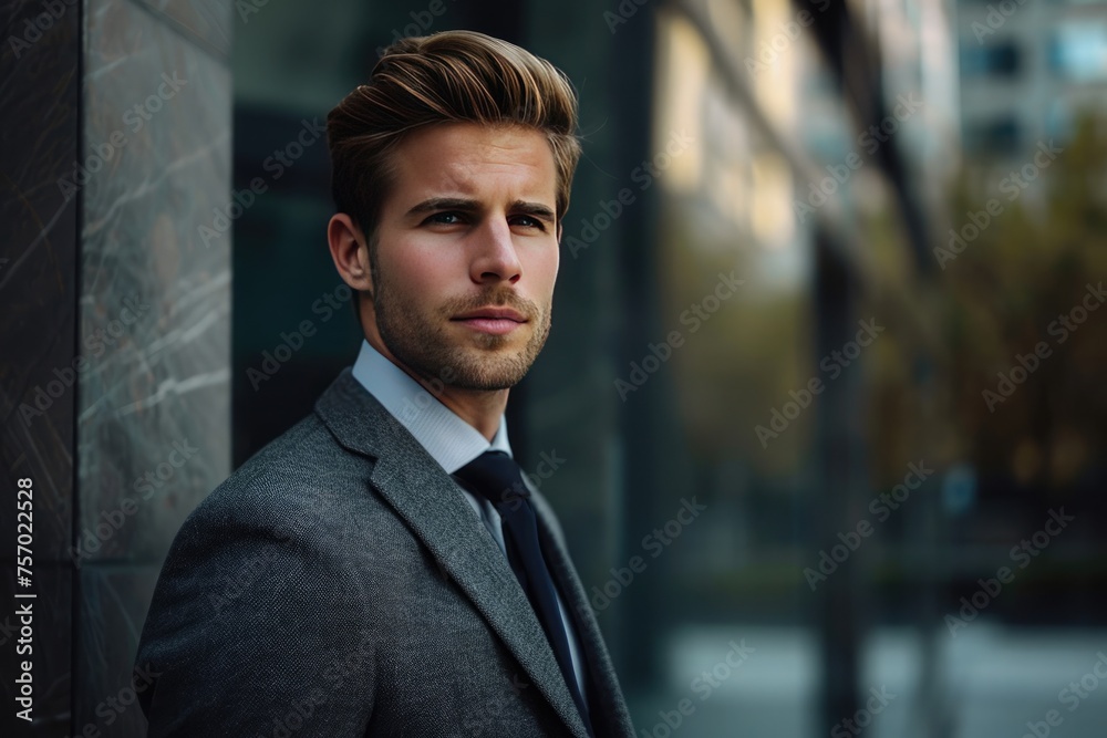 Portrait of handsome businessman in suit looking at camera while standing in office