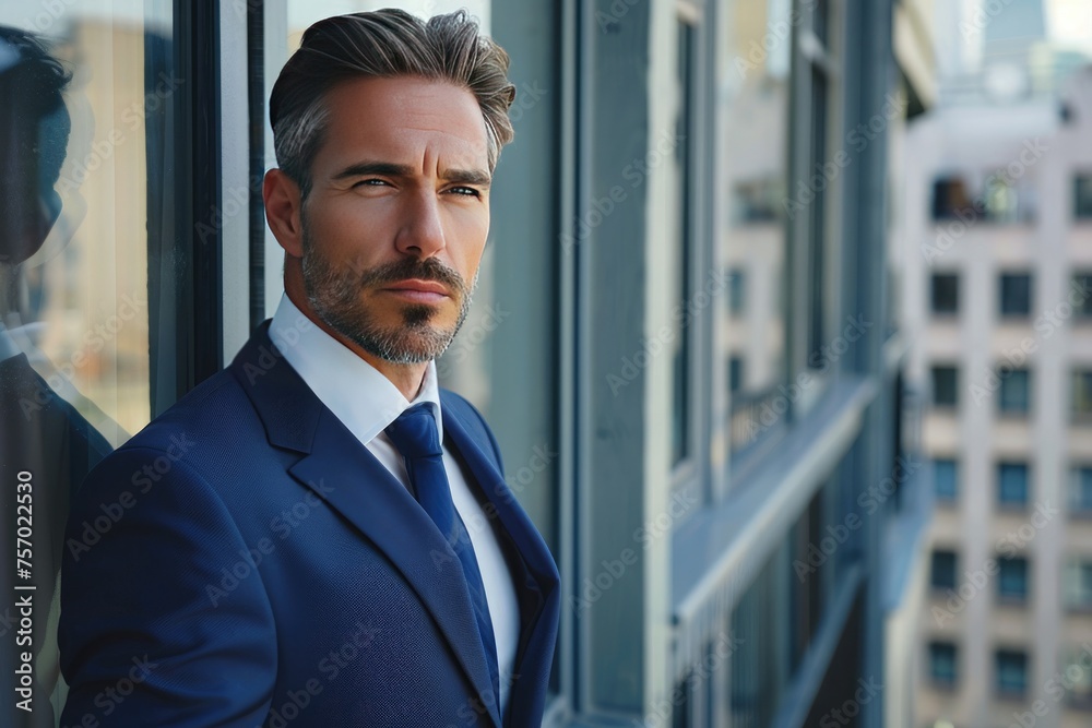 Portrait of handsome businessman in suit looking at camera while standing in office Portrait of handsome businessman in suit looking at camera while standing in office