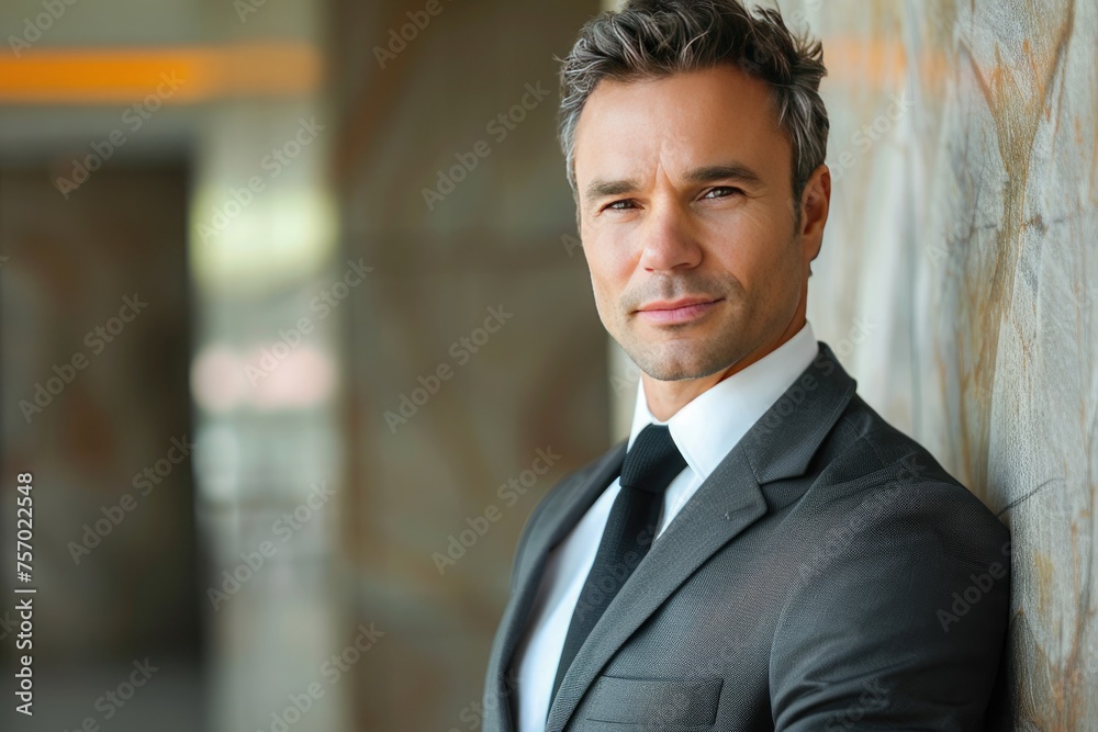 Portrait of handsome businessman in suit looking at camera while standing in office Portrait of handsome businessman in suit looking at camera while standing in office