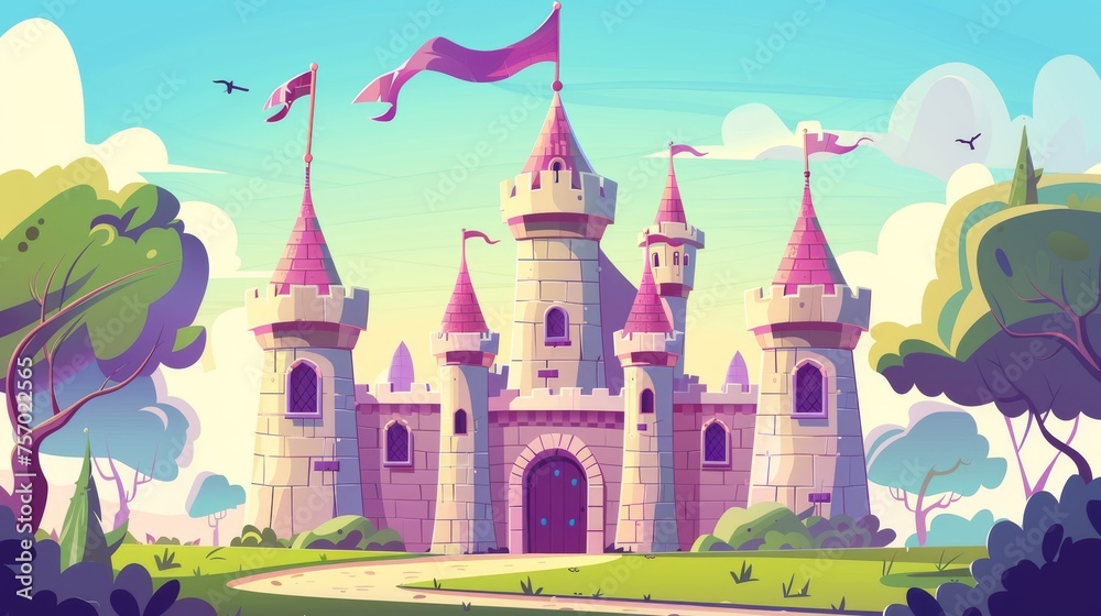 The medieval royal castle has a flag on the tower, the windows, and even the gate. The illustration belongs to the fantasy fairytale ancient kingdom fortress palace or fort set.