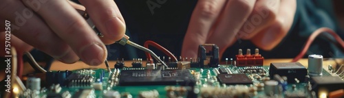 Close-up of hands assembling intricate electronic components photo