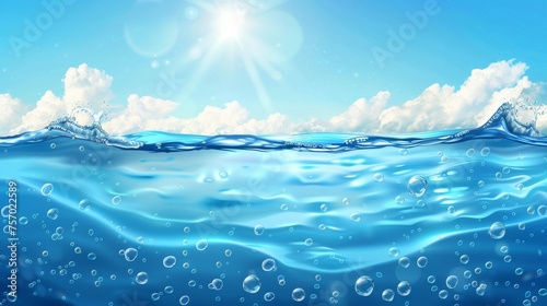 The surface level of the water in the sea or ocean is surrounded by bubbles  sun rays  and clouds with a blue undersea waterline horizon.