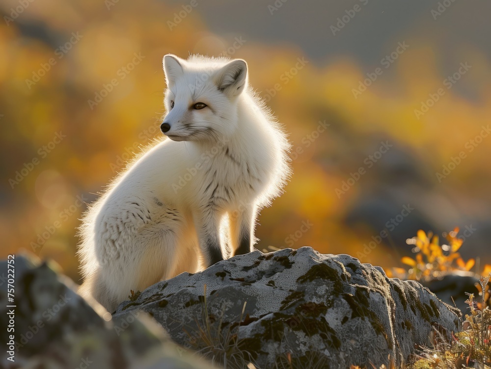 An arctic fox, cloaked in its thick, white winter fur, stands gracefully atop a rocky terrain. The golden hues of the autumn tundra create a warm backdrop for the cool beauty of this adaptive creature An arctic fox, cloaked in its thick, white winter fur, stands gracefully atop a rocky terrain. The golden hues of the autumn tundra create a warm backdrop for the cool beauty of this adaptive creature
