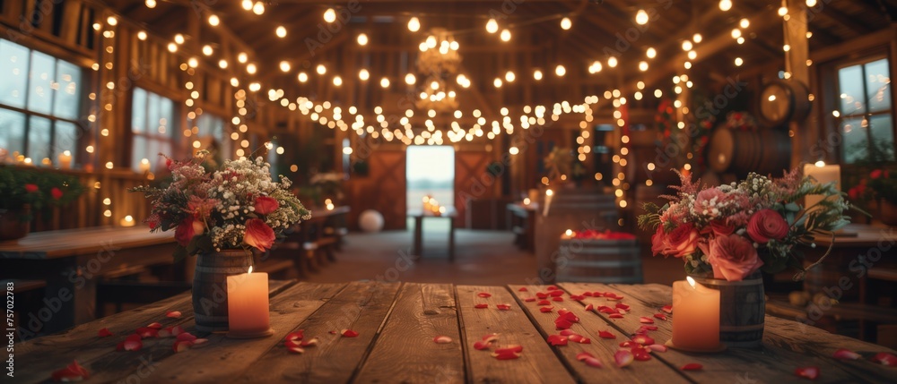 Romantic Rustic Elegance, beautifully arranged rustic wedding venue, with warm fairy lights strung overhead, wooden tables adorned with candles and petal strewn pathways, creating romantic atmosphere - obrazy, fototapety, plakaty 
