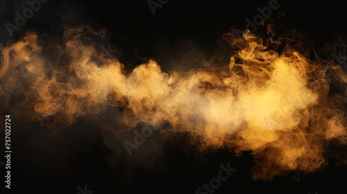 A golden color dust overlay effect is used on a black background, with a transparent smoky mist texture, toxic chemical smog, steam from a nightclub party, light haze.