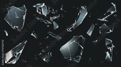 Realistic modern illustration set of broken glass shatter and pieces. Flying transparent debris elements of smithereens beaten crystal on dark background. photo