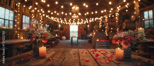 Romantic Rustic Elegance, beautifully arranged rustic wedding venue, with warm fairy lights strung overhead, wooden tables adorned with candles and petal strewn pathways, creating romantic atmosphere © auc