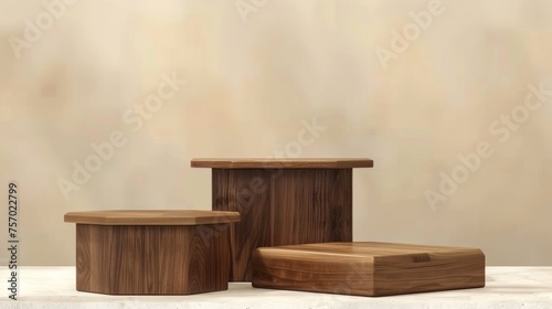 Brown wooden product podium in the shape of a square, hexagon, and pentagon. High and small platforms with wood texture for displaying natural goods. © Mark