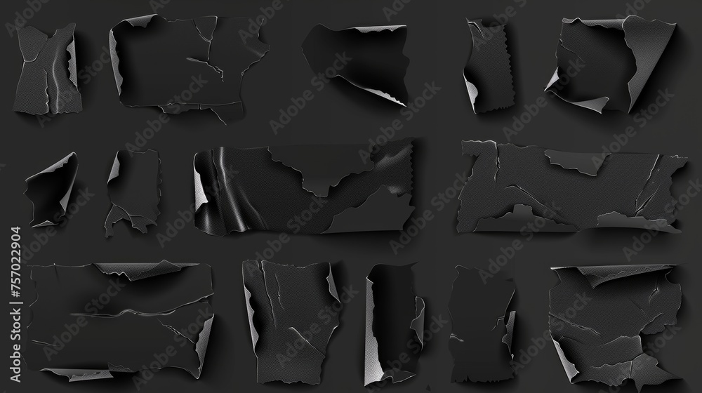 Realistic modern black adhesive duct tape pieces with a crumpled effect. High quality torn ripped patch for patching and masking. Mockup of glued cut wrinkled plaster or scotch tape. - obrazy, fototapety, plakaty 
