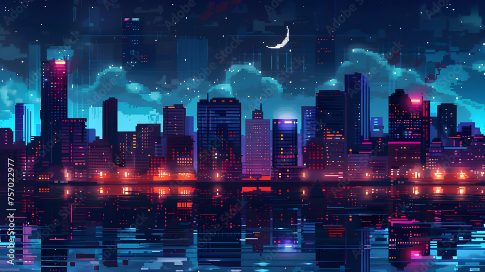 Pixel Art Night Scene Background of Modern City with Tall Buildings