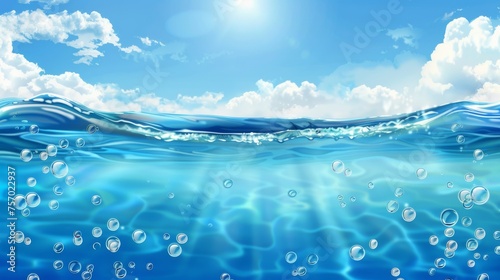 Background with blue sky and sea water and air bubbles under waterline, transparent clear waves, a sunny day with clouds, a natural environment. photo