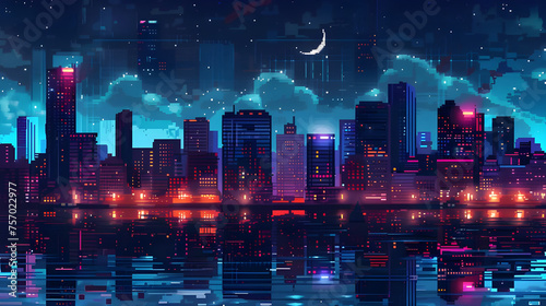 Pixel Art Night Scene Background of Modern City with Tall Buildings
