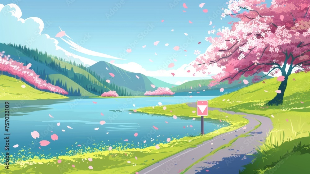 Animated modern illustration of spring mountain lake with sakura trees. Blue water, pink cherry blossom petals flying in the air, green grass on hills, road sign pointing in a certain direction.
