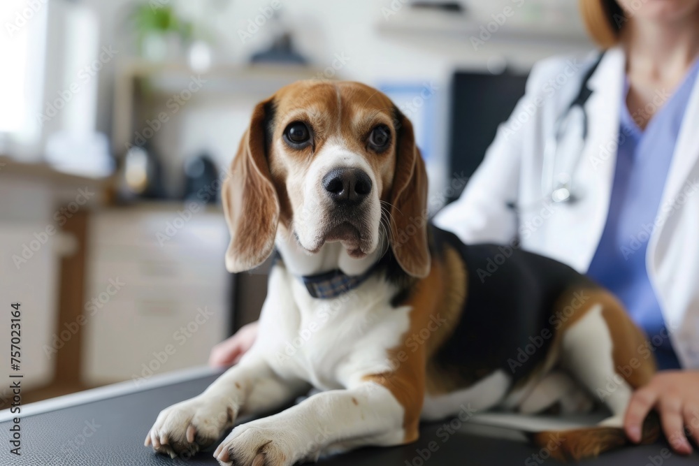 Veterinarian and Beagle dog in vet clinic. Focus on dog