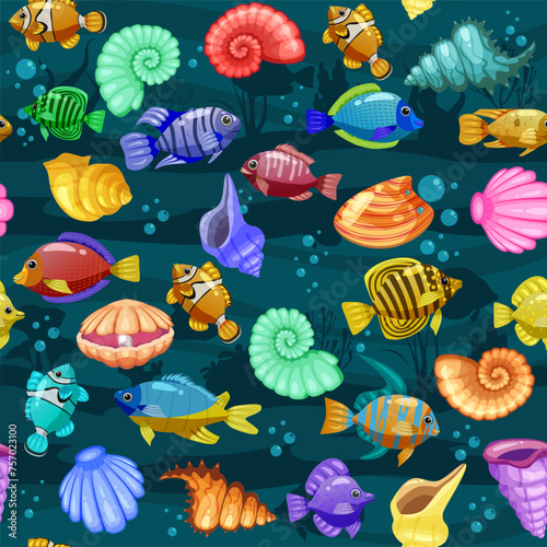 Tropical fishes  shells cartoon seamless pattern. Cute funny underwater characters