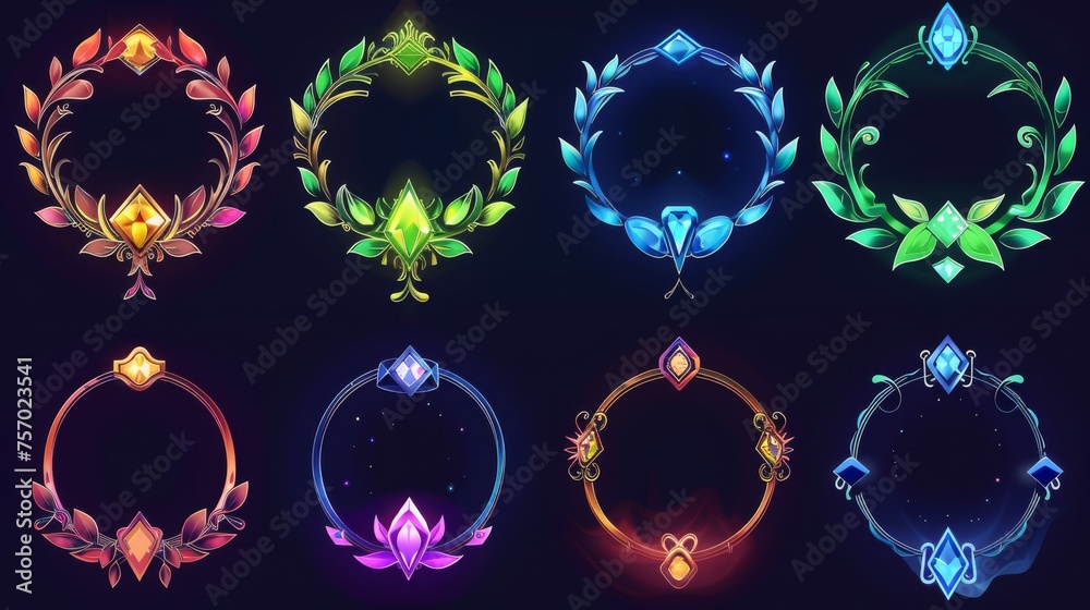 Game level rank avatar frame or menu banner. Cartoon modern set of fantasy decorative metal circle border with different amounts of curling edges and diamonds. - obrazy, fototapety, plakaty 