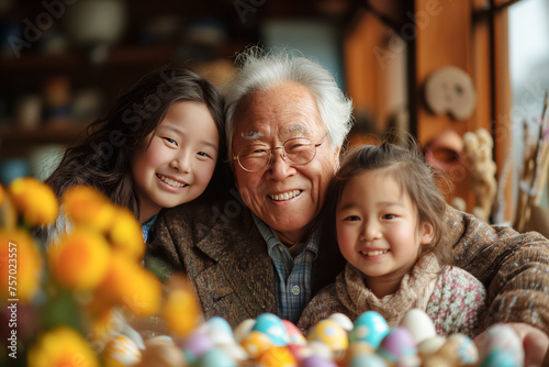 cute Asian grandfather with his grandchildren painting Easter eggs at home. prepare for Easter