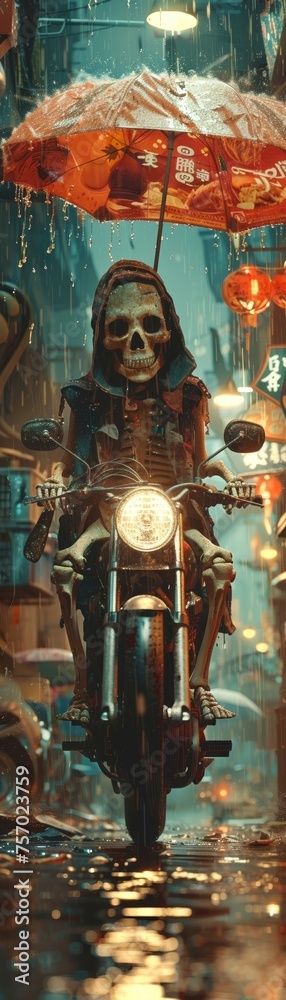 A short skeleton dons a raincoat to deliver food on a motorcycle in the rain, illustrated with a dynamic viewing angle and ultra-detailed image quality