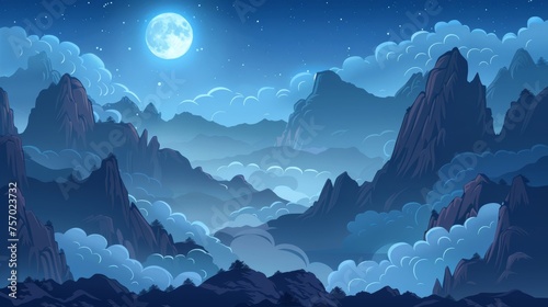 Cartoon dusk landscape with stone hill peaks with fog and haze against blue sky with full moon light. Cartoon modern illustration of rocky mountains on top of clouds at night with moonlight. © Mark