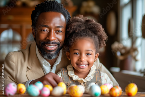 cute African American family painting Easter eggs at home. father and daughter prepare for Easter