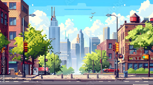 Pixel Art city scene with main road, Perfect for old style game background photo