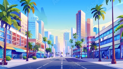 This is a modern illustration of a modern city street with shops and a road. It includes a supermarket, a restaurant, a hotel facade, palm trees along the roadside, skyscraper silhouettes, and a blue