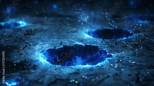 An abstract ground surface with light cracks. Modern illustration of blue holes glowing on a black background, mist and sparkling particles in the air, magic energy effect, demolition of a building.