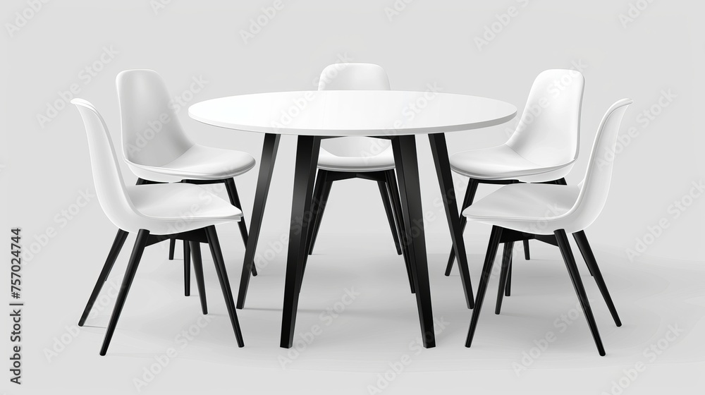 Round white plastic table and four chairs for a cafe or exhibition display. Realistic modern illustration of empty furniture for advertising or corporate presentations. Round white plastic table and four chairs for a cafe or exhibition display. Realistic modern illustration of empty furniture for advertising or corporate presentations.