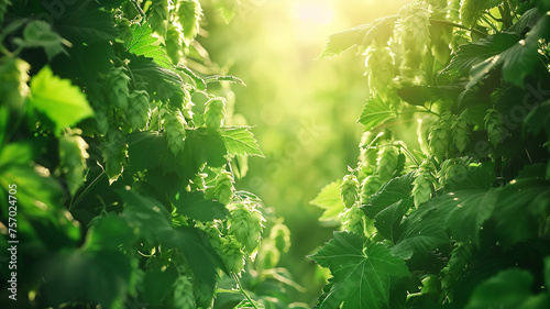 Hop garden beauty background lush green hops ready for harvest with space for copy photo