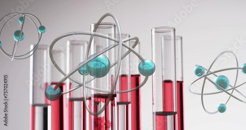 Image of molecules over test tube laboratory dishes on grey background