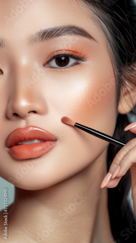 Asian Woman Applying Blush, Beauty Makeup Close-Up.