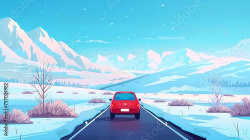 Snowy meadows with bushes and trees in the wintertime. Cartoon landscape with red car speeding down a highway from hills.