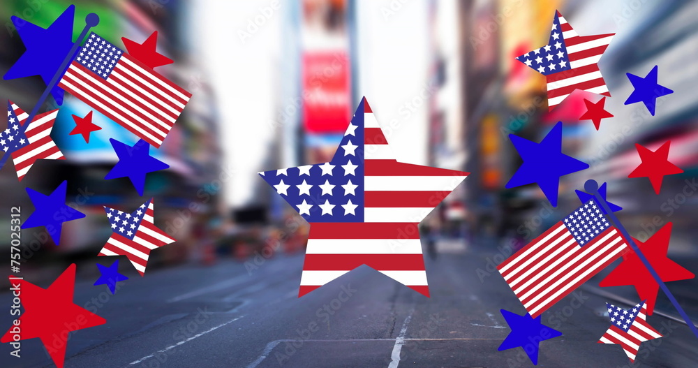 Naklejka premium Image of stars coloured in american flag over cityscape