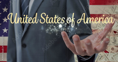 Image of united states of america text over man reaching his hand and american flag