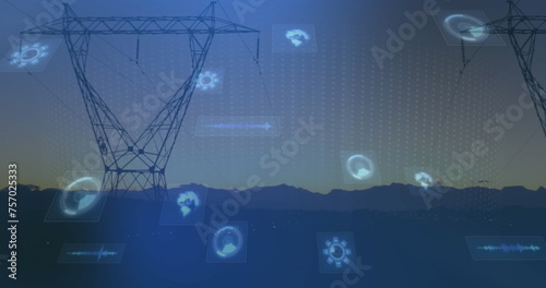 Image of scopes scanning and data processing on screens over electric pylons