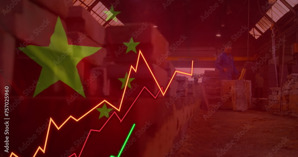 Fototapeta premium Image of financial data processing, flag of china over warehouse