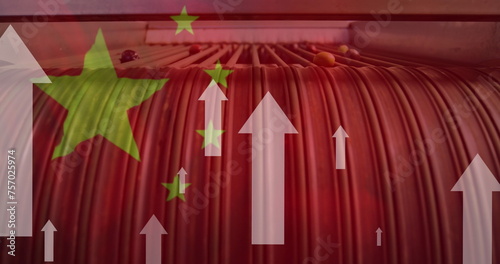 Image of white arrows, flag of china over factory