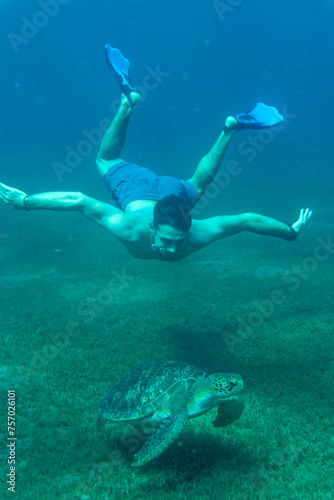 A man dives to meet a sea turtle. High quality photo