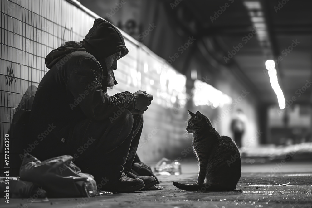 Tired homeless man and tubby cat sit under bridge at dimly light. Vagrant meets stray canine animal finding place for rest in city black and white - obrazy, fototapety, plakaty 