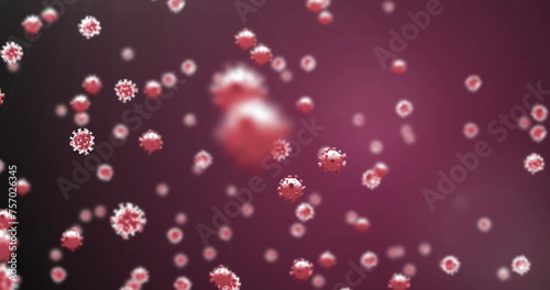 Image of covid 19 cells floating over red background