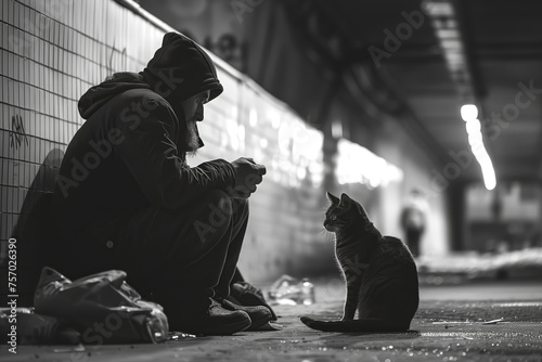 Tired homeless man and tubby cat sit under bridge at dimly light. Vagrant meets stray canine animal finding place for rest in city black and white