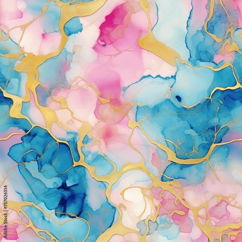 Abstract fluid art with swirling patterns of blue and pink hues, accented with gold.