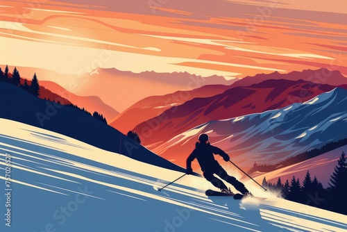 A skier skiing down a snowy slope with mountains in the background. photo
