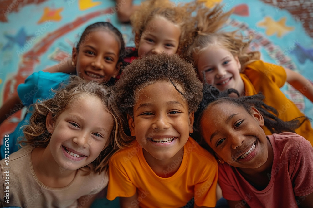 Diverse group of joyful children huddled in a circle Diverse group of joyful children huddled in a circle