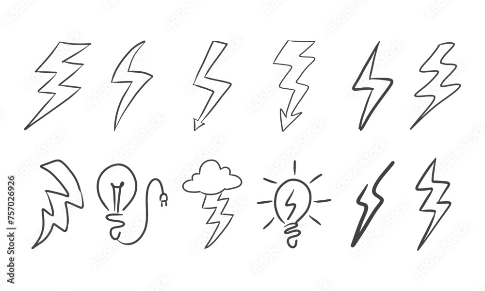 Hand drawn doodle thunder lighting set Hand drawn doodle thunder lighting set