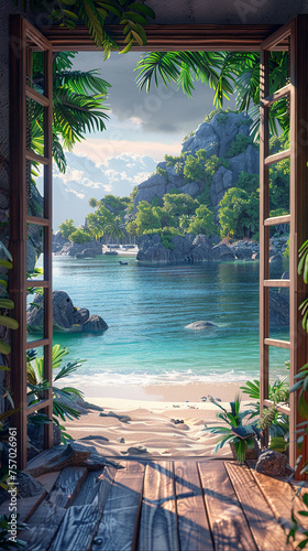 Wallpaper Mural Tranquil 3D render of an open window view to a tropical beach with palm trees and clear water. Torontodigital.ca