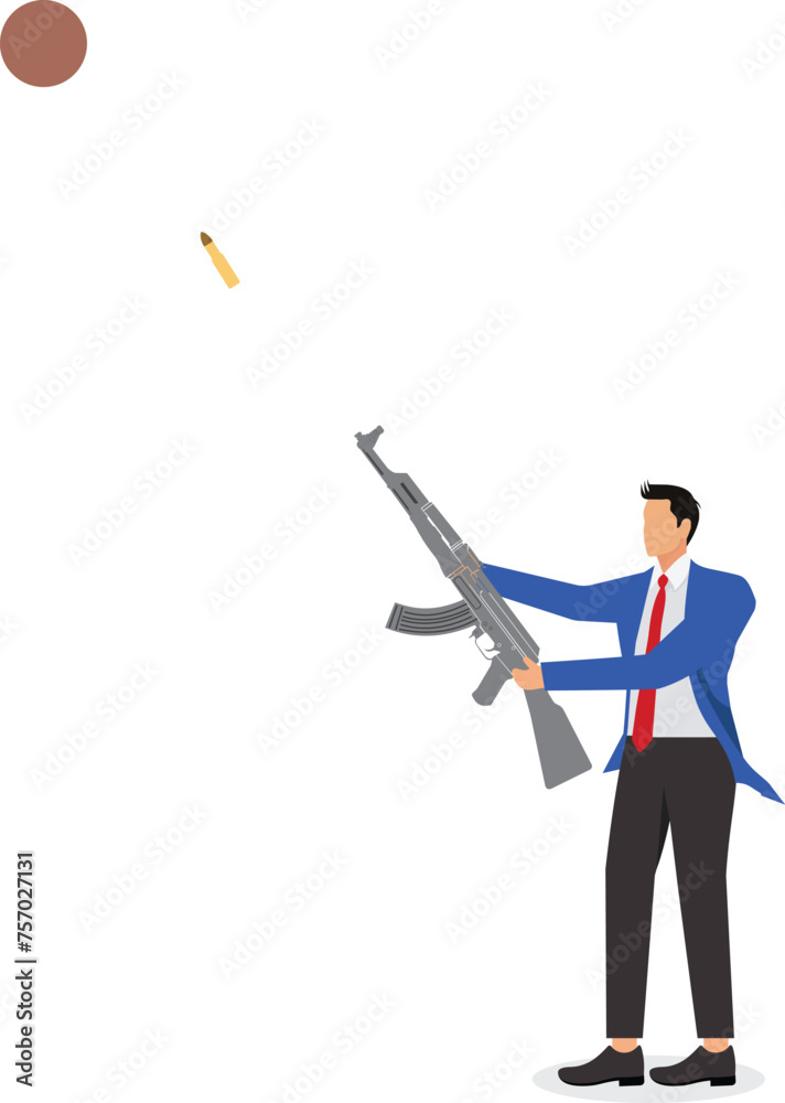 Confident businessman in cannon, ready to go shot, shoot Confident businessman in cannon, ready to go shot, shoot