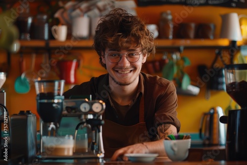 Male baristas behind the counter in a cafe. The concept of local business and hospitality.