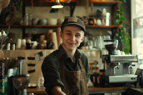 Male baristas behind the counter in a cafe. The concept of local business and hospitality.