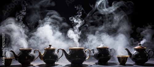 A row of teapots and cups steaming with hot water resembling cumulus clouds in the sky, creating a whimsical geological phenomenon in the landscape photo